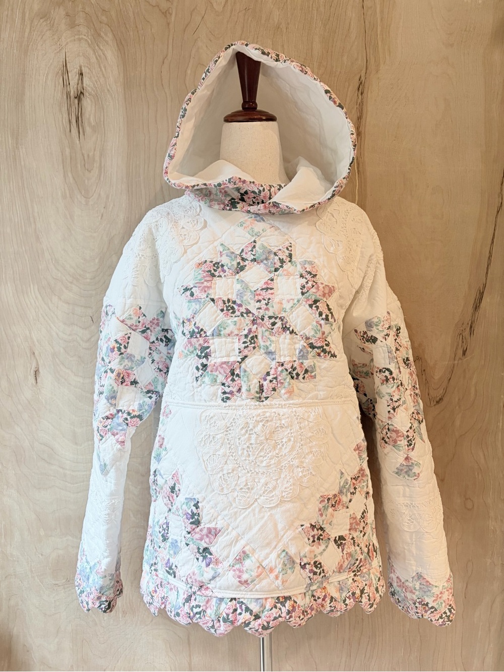 Women’s Handmade White Floral Quilted Hoodie